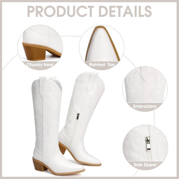 Women's White Cowboy for Wide High Western Calf Rhinestone Knee Tall Boots - Picture 4 of 5